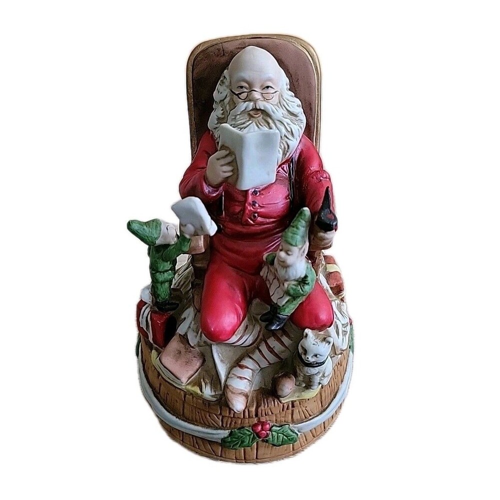 Vtg Ceramic Christmas Musical Santa Elves Cat Plays "Here Comes Santa Claus" Box